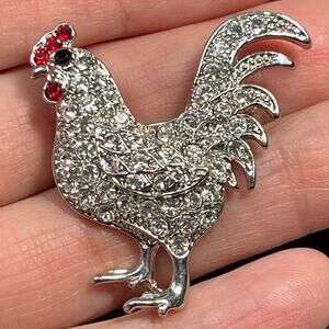 Clear Rhinestone Rooster Chicken Brooch Pendant Silver Tone 1.5" Cottage Core